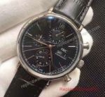 Replica IWC Portofino Chronograph Watch SS Black Dial Black Leather Band